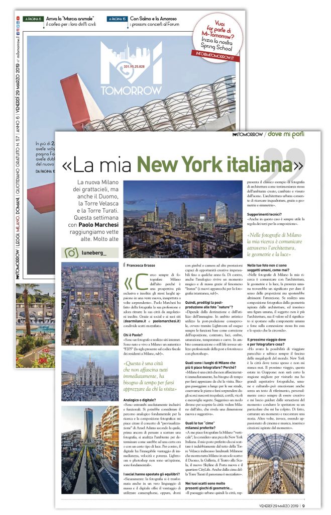 Scansione integrale della pagina stampata di MI Tomorrow con l'intervista a Paolo Marchesi.