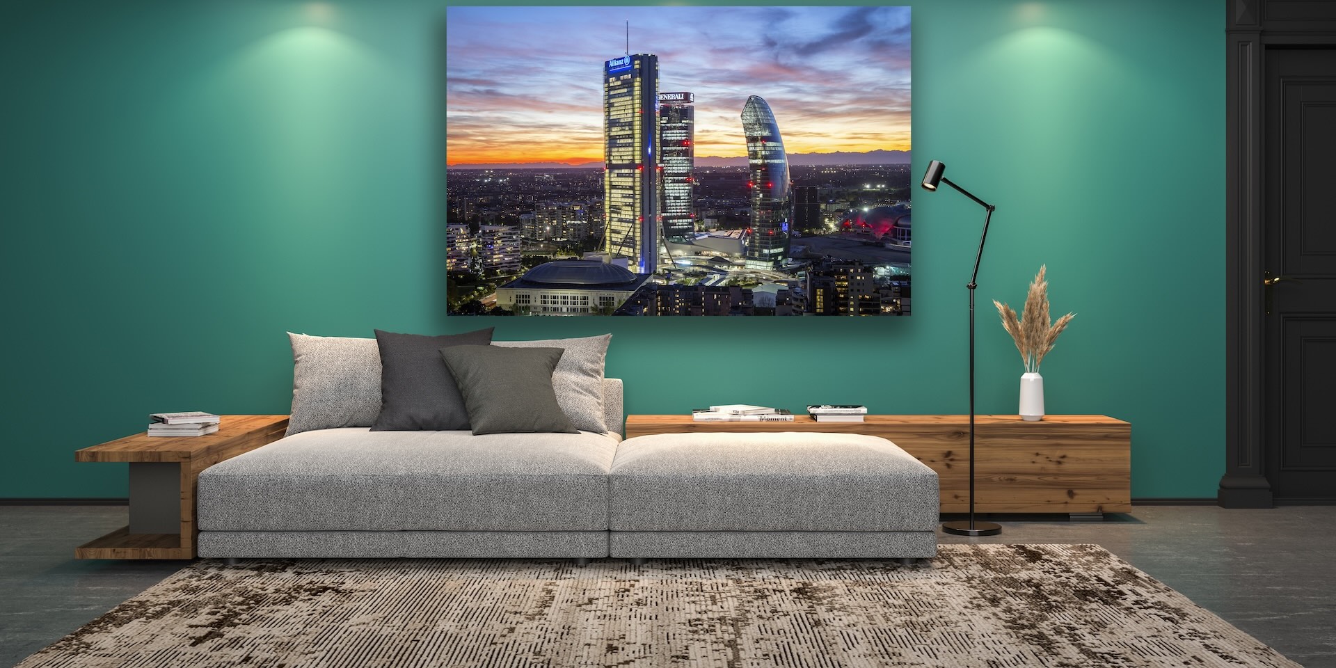 Canvas dello skyline di CityLife al tramonto appeso sopra un divano, mockup del prodotto in vendita alla Mostra del Poster.