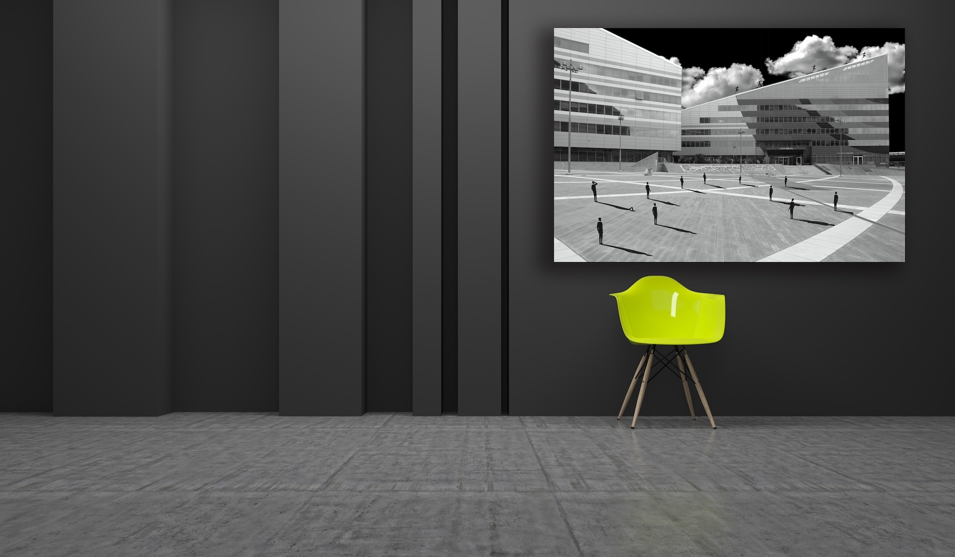 Stampa in bianco e nero di Casa Milano incorniciata a parete, mockup del prodotto in vendita alla Mostra del Poster.